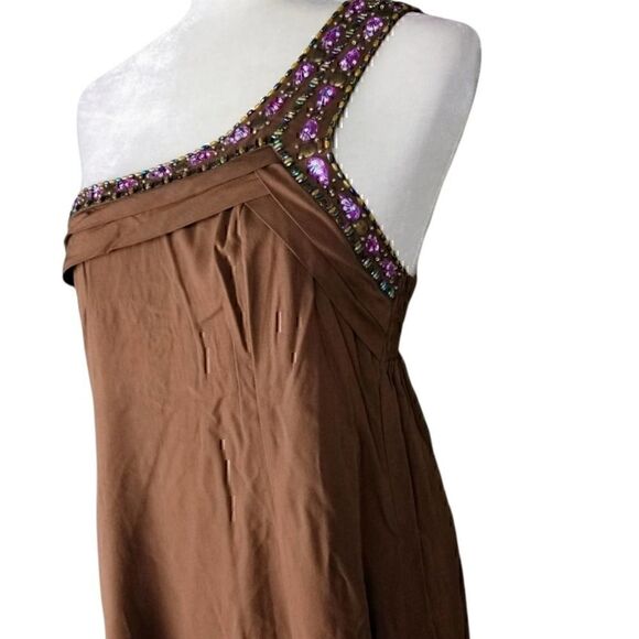 One Shoulder Tan Jeweled Handmade Beaded Dress  - Picture 4 of 7